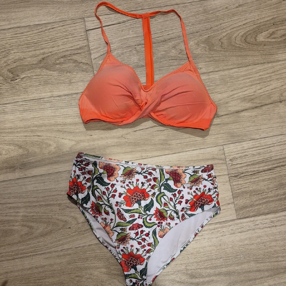Orange Bikini Top with Floral High-Waisted Bottoms